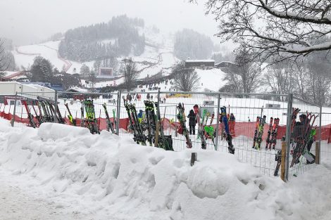 Die Skier der Slalomstars warten zwischen den Durchgängen auf ihren Einsatz © Skiing Penguin