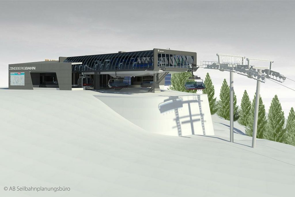 Die Bergstation der neuen Zinsbergbahn mit 8er-Sesseln und 10er-Gondeln © SkiWelt/AB Seilbahnplanungsbüro